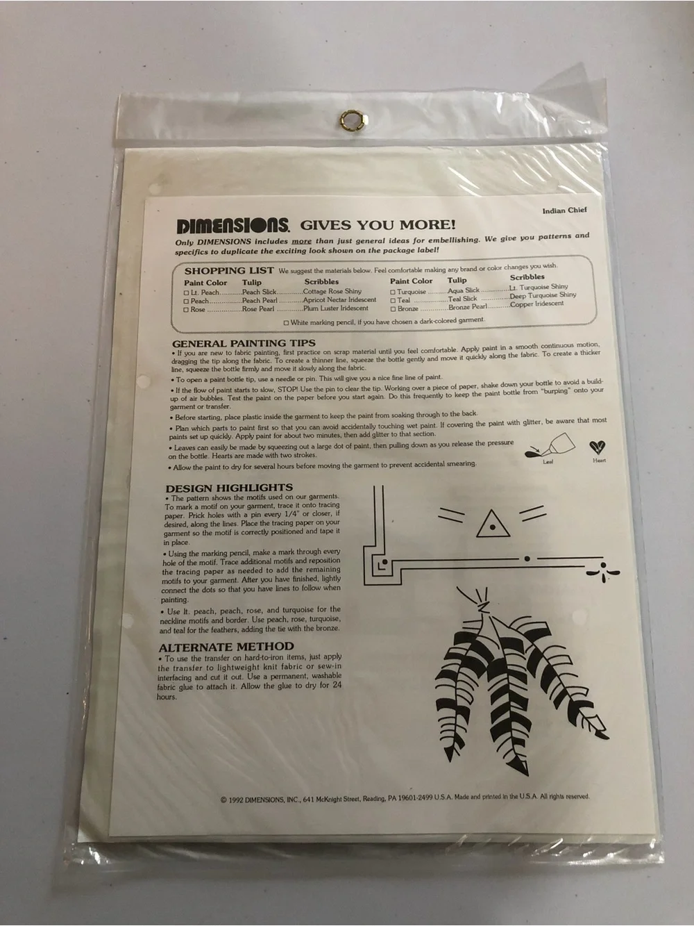 Vtg 1992 Dimensions Iron-On Fashion Transfer Indian Chief 80051 New In Package